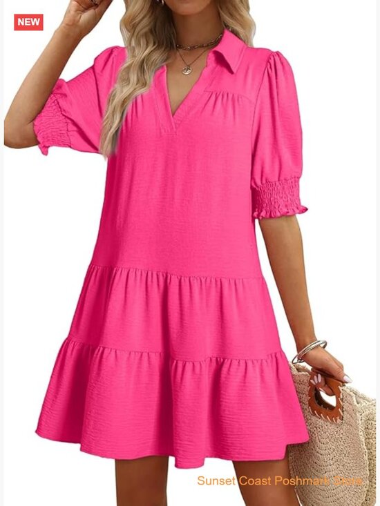 Dresses & Skirts - Womens Lapel V Neck Midi Dress Pleated A-Line Short Sleeve Summer Casual Pull On